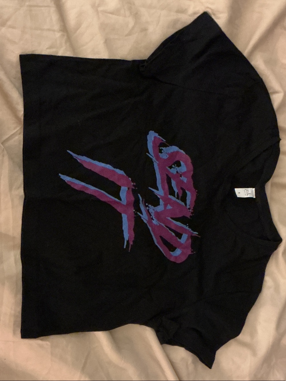 Womens Black Graphic Tee crop with Purple & Blue Print